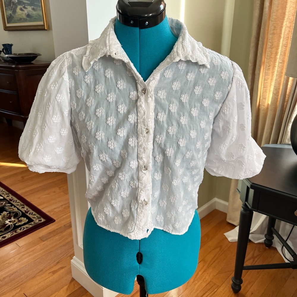 White Textured Button-Up Blouse